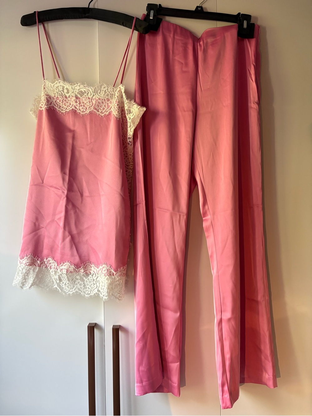 Women's Pink Lace-Trim Satin Cami and Pant Set
